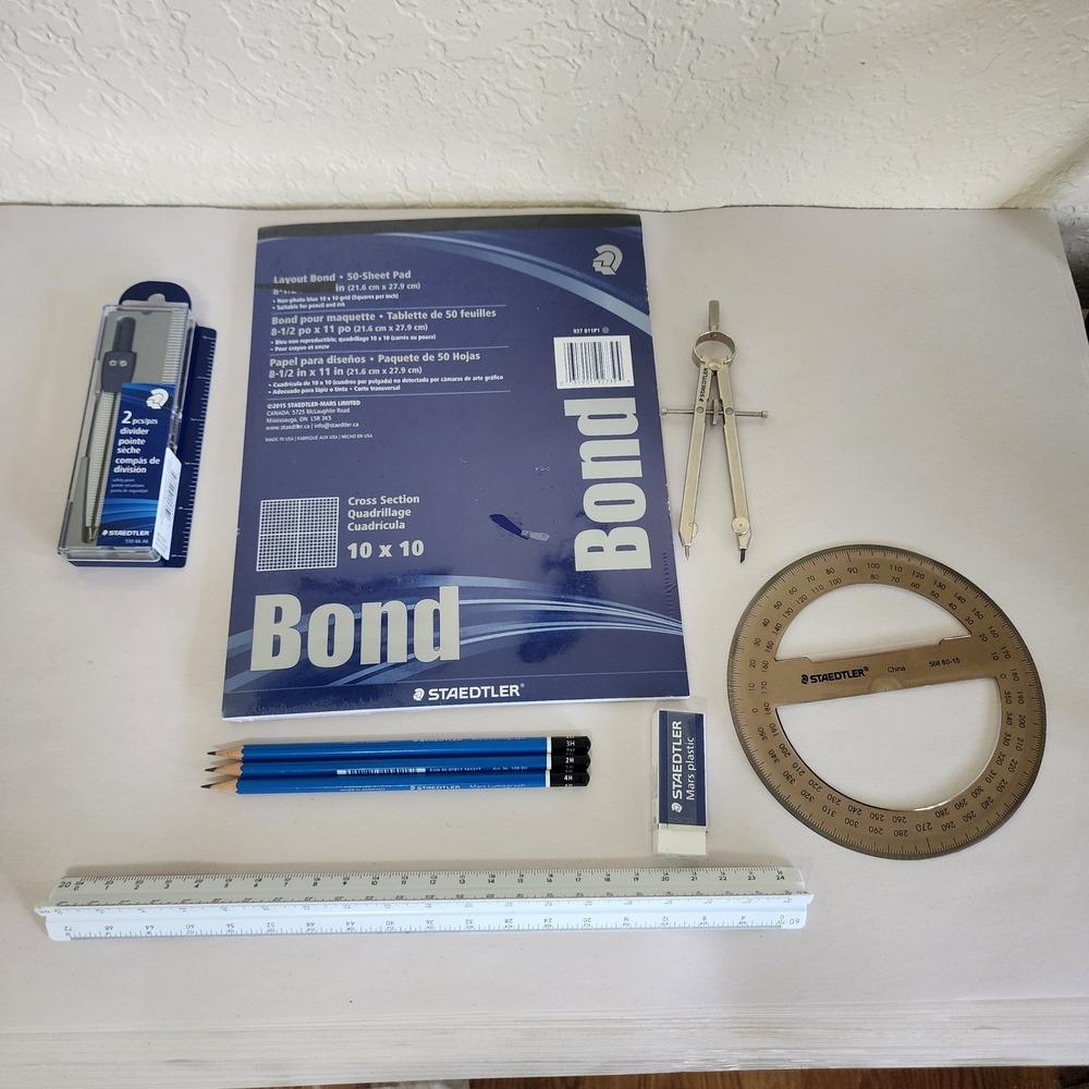 Staedtler Drafting Set Layout Bond Paper Compass Protractor Pencils Scale Ruler